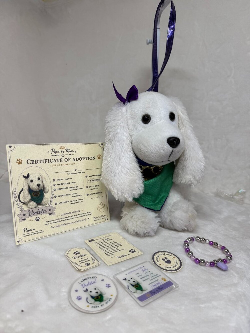 Violeta – Preloved Puppy Purse with Full Adoption Kit (Handmade Kawaii Set)